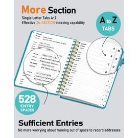 WEMATE Spiral Address Book with Alphabetical Tabs, Leather Password Book, Address Organizer Telephone Notebook Journal Keep Contact Safe Hardcover Large Print for Seniors Home Office 5.8″×8.2″, Green