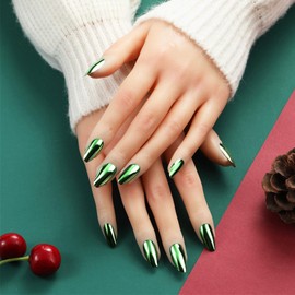 Green Chrome Metal Press on Nails Glossy Sparkly False Nails Gel Glue on Nails Shine Mirror Medium Almond Manicure Art Acrylic Fake Nails Stick on Nails with Chrome Design for Coquette Women 24Pcs