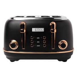 HADEN Heritage 4-Slice Toaster with Extra Wide Slots, 1500-Watt, Black & Copper - Retro Stainless Steel Design with Self-Centering Function, Adjustable Browning Control & Removable Crumb Tray
