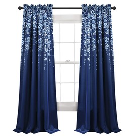 Lush Decor Weeping Flower Light Filtering Window Curtain Panels, Pair, 52"W x 84"L + 2" Header, Navy - Charming Modern Floral Curtains for Living Room, Dining Room, & Bedroom