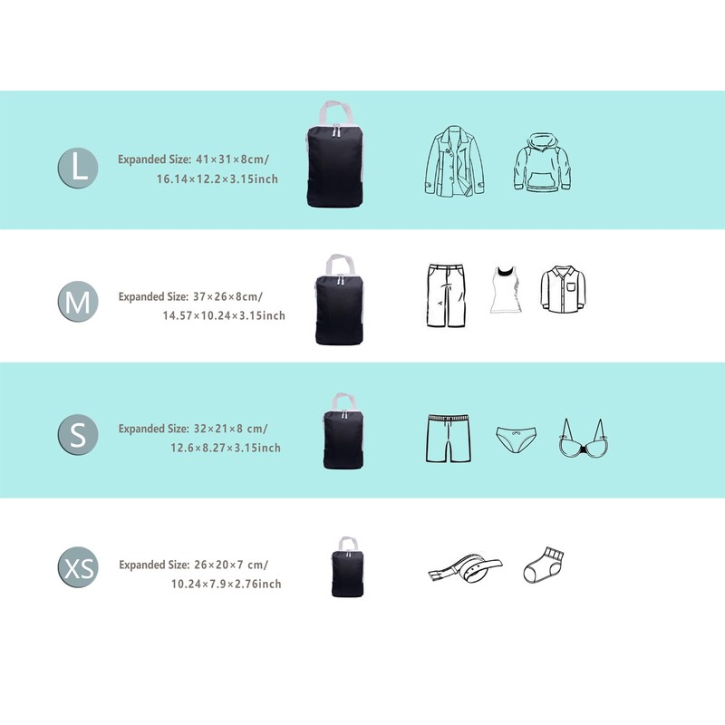 Compression Packing Cubes Set Extensible Travel Luggage Organiser Bags for