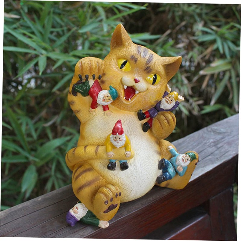 BESPORTBLE Resin Cat Eating Gnomes Statue Unique Cat Figurine for