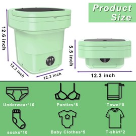 Portable Washing Machine, 11L Large Capacity, Foldable Mini Washing Machine and Spin Dryer, Small Collapsible Laundry Washer for Apartment, Travel, RV, Underwears, Socks, Baby Clothes (Green)