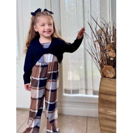 Size 10 Girls Jumpsuits Outfit Kids Long Sleeve Twist Front Shirts Romper Clothes Black Crop Tops Flare Pants Set Fall Jumpsuit Plaid Size 10-11