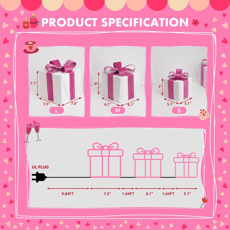 Valentine's Day Lighted Pink Gift Boxes with Bear Bow -