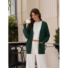 ZAFUL Womens Fall 2025 Trendy Cardigan Sweaters Fashion Chunky Open Front Button Down Knit Coats Long Sleeve V Neck Clothing Cotton Casual Winter Outfits with Pockets Green Christmas Day Medium