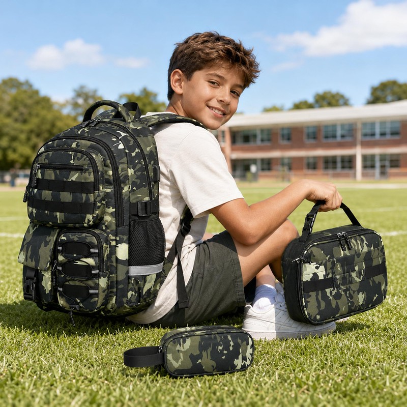Tecoloy Camo Backpack for Boys, 3PCS Tactical Kids Backpack Boys