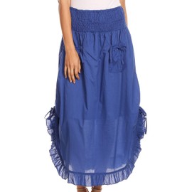 Sakkas 3118 - Coco Long Cotton Ruffle Skirt with Pockets and Elastic Waistband - Blue - OS