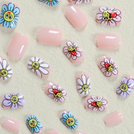 Summer Press on Nails Short Square RIICFDD Nude Fake Nails Pink False Nails with Flower Designs Cute Face Press on Nail Glossy Full Cover Glue on Nails for Women and Girls 24Pcs Acrylic Nails