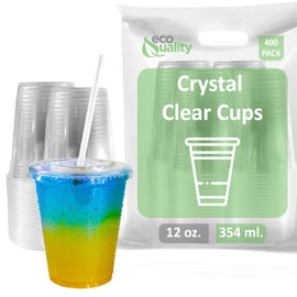 EcoQuality Clear Plastic Disposable Cups with Lids and Straws 400 count - 12 oz (ounces) Clear PET Cup for Smoothies, Protein Shakes, Bubble Tea, Iced Coffee, Boba, Fresh Juice, Meal Prep, Party Cup