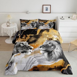 Homewish Lion Couple Comforter Set King Size,African Tropical Wild Animal Bedding Set All Season Quilt Set,Crown Decor Gold Black Marble Print Microfiber Polyester Down Comforter