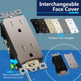 LIDER Matte Finish Decorator Receptacle with Interchangeable Face Cover, Child Safe Tamper-Resistant Wall Outlet, Commercial Grade, Self-Grounding, 15A 125V, UL Listed, LR15-TR-NK, Nickel