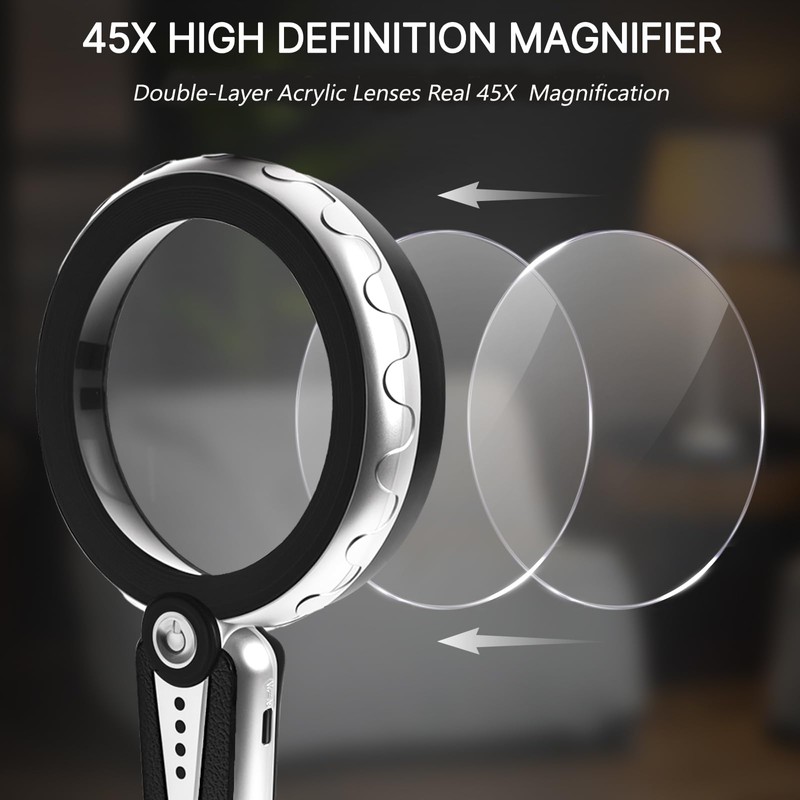 45X Magnifying Glass with Light, 4.6 Inch 1200mAh USB Rechargeable,