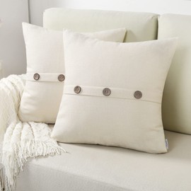 FUTEI Cream White Linen Decorative Throw Pillow Covers 16x16 Inch Set of 2, Square Cushion Case with Vintage Button/Zipper,Modern Farmhouse Home Decor for Couch,Bed