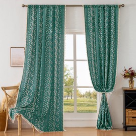 TIVNICO Teal Boho Linen Blend Curtains for Kitchen 2 Panels,Room Darking Rod Pocket Top Privacy Curtain for Bedroom Dining Tassels Decorative,Rustic Beige Floral Print Window Drapes 55x63 Inches