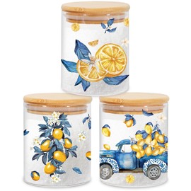 JarThenaAMCS 3Pcs Lemon Floral Glass Storage Jars with Airtight Lid Yellow Lemon Blue Leaves Tiles Decorative Canisters Sets for Spring Summer Farmhouse Home Kitchen Countertop