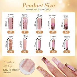 Handmade Press on Nails with Designs, 24PCS Long Square Fake Nails 3D Pink Flower Bows White Pearls Gold Beads Chain Charms French Tip Leopard False Nails for Women Girls with Jelly Gel & Nail File