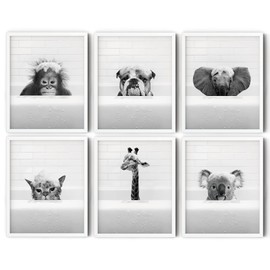 Funny Bathroom Decor Wall Art Cute Black and White Animals Artwork Rustic Farmhouse Home Wall Decor Cat Dog Giraffe Elephant Pictures Prints for Living Room Kids Bathroom,(6PCS, 8"x10", Unframed)