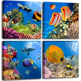 Bathroom Canvas Wall Art Sea Turtle Wall Decor for Living Room Colorful Fish Coral Dolphin Ocean Theme Underwater World Pictures for Bedroom Navy Seascape Artwork Framed Nautical Wall Decor