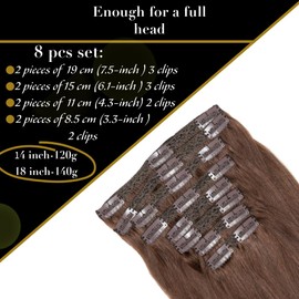 MIKVAR 8pcs Hair Extensions Clip in, Double Weft Natural Raw Remy European Real Human Hair - Silky Straight Clip in Hair Extension Hair Pieces for Women (18inch / 140g, French Roast/Dark Brown)