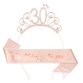YARIEW 30th Birthday Decorations 30th Birthday Headband + 30 Talk Thirty To Me Birthday Sash + Pearl Pin Set, 30th Birthday Sash and Tiara for Women, 30th Birthday Gifts for Women