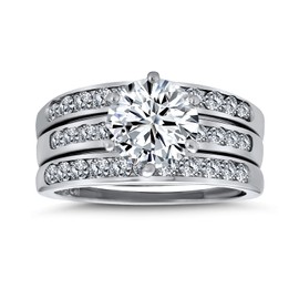 3.5CT Round Solitaire AAA CZ 3 Row Pave Band Guard Enhancers Anniversary Engagement Ring Wedding Band Set For Women .925 Sterling Silver