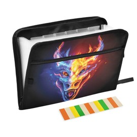 VIGTRO Fire Dragon Head 13 Pocket Expanding File Folder Waterproof with Sticky Labels, Blue Red Flame Letter A4 Paper Accordion Document Organizer with Zipper for Office and Classroom