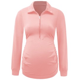 DEBELLY Maternity Casual Activewear Women Long Sleeve Sweatshirt Comfy Pregnancy Half Zip Tops with Stand Collar,Kangaroo Pocket,Pink,XL