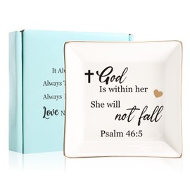 JOYIMARR Religious Gifts for Women Christian-Ceramic Ring Dish -God is Within Her She Will Not Fall, Christian Gifts for Mom Sister Aunt