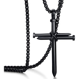 Dreuyet Nail Cross Necklace for Men Stainless Steel Vintage Polished Black Gold Silver Nail Cross Pendant Chain 24 inch Strength Bible Verse Cross Necklace Christian Jesus Jewelry Gifts (Black)