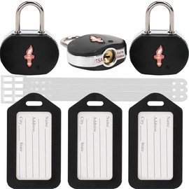 TSA Approved Luggage Locks 3 Pack with Luggage Tags | 6 Keys, Black Travel Lock Bundle - Solid Brass Core & Rubber Armor Padlocks for Suitcases, Backpacks (TSA Certified)