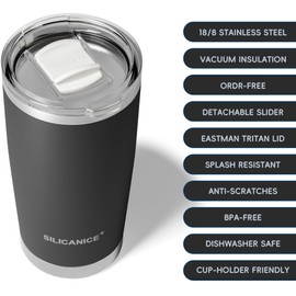 20oz Insulated Tumbler - Coffee Cup With Splash Resistant Detachable Slider Lid, Double Wall Stainless Steel | BPA Free, Dishwasher Safe, Car Cup Holder Compatible - Gym/Office/Home - Black Pro