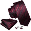 Barry.Wang Men Tie Red Black Stripes Silk Ties Pocket Sqaure