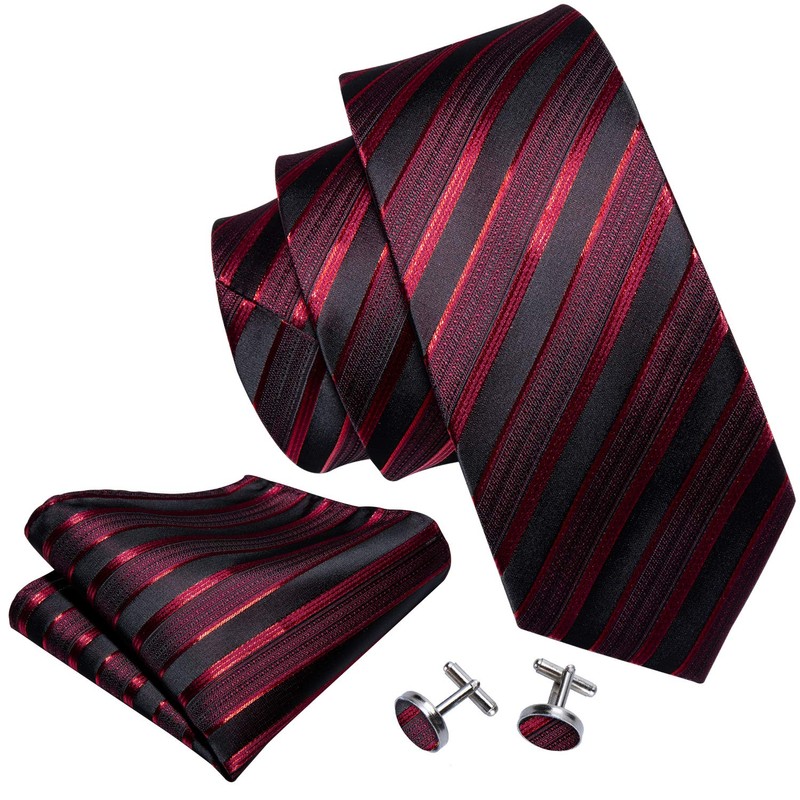 Barry.Wang Men Tie Red Black Stripes Silk Ties Pocket Sqaure