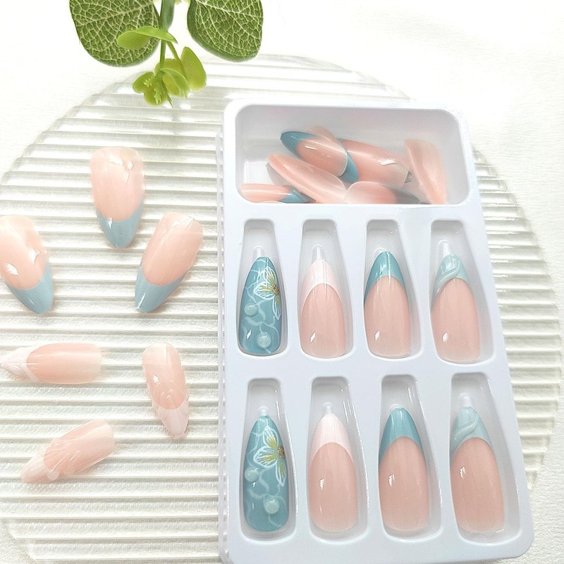 Press on Nails Almond Medium Fake Nails Blue White French
