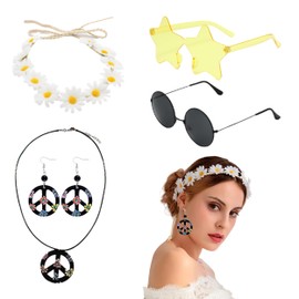 5Pcs Hippie Costume Accessories Set for Women, Hippie Accessories 60 70s Peace Sign Necklace Earrings Flower Crown Headband