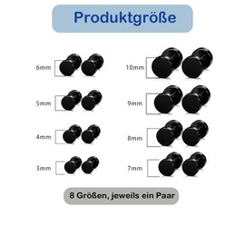 8 Pairs of Men's Earrings, Stud Earrings, Black, 3 mm - 10 mm, Synthesis, Synthesis
