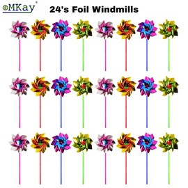 eMKay® Pack of 24 Foil Rainbow Windmills for Kids – Colourful Pinwheels with 30cm Sticks – For Garden Decoration, Party Bags, DIY Crafts, Events & Bird Deterrent