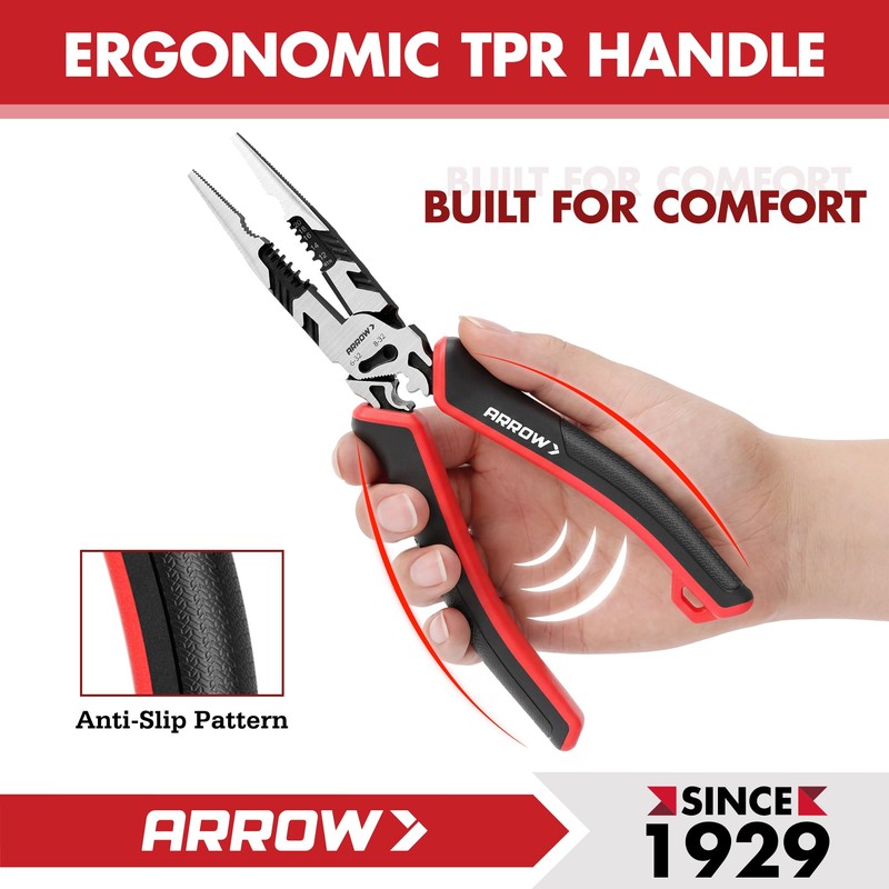 ARROW 6-in-1 Needle Nose Pliers, 8" Multipurpose Long Nose Pliers