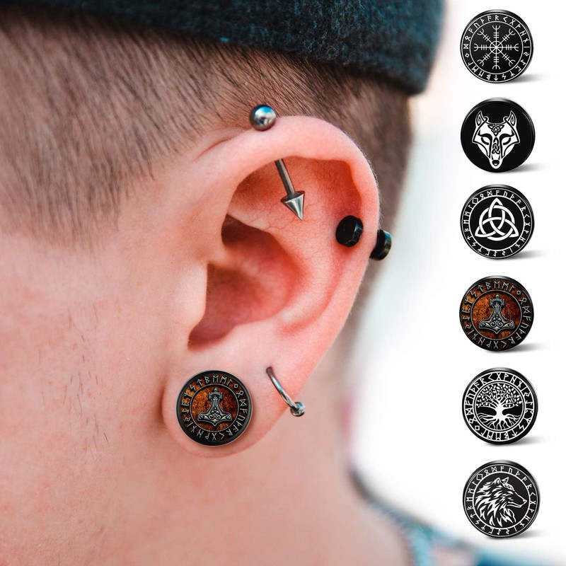 SIISPRI 6Pairs Norse Viking Stud Earrings Mens Earrings Set Hypoallergenic