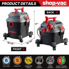 Shop-Vac 6 Gallon 5 Peak HP Wet/Dry Vacuum, Stainless Steel Tank, Portable Shop Vacuum with Attachments for Jobsite, Garage & Workshop. 5430097