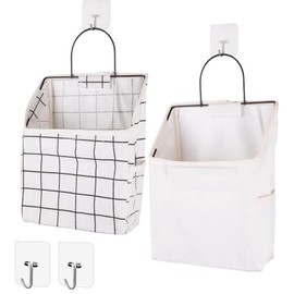 BieFuSin 2Pcs White Plaid Fabric Wall Hanging Storage with Hook, Hanging Waterproof Storage Bags with Side Mesh Pockets, Stylish Hanging Storage Pouches for Bedroom, Bathroom, Kitchen