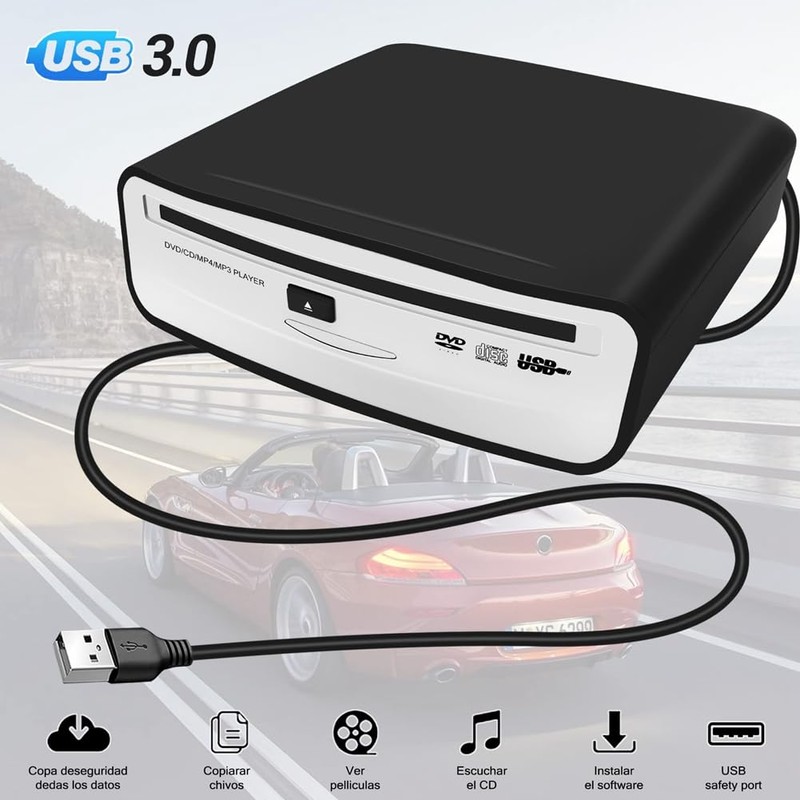 ZENWORYS Universal Portable Car External CD Player, Plugs Into Car