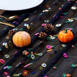 JIALE Black Floral Table Runner, Embroidery Daisy Seasonal Table Decorations, 120Inch 10FT Tulle Fabric for Home Decor, Bridal Shower Wedding, Baby Shower Parties, DIY Craft