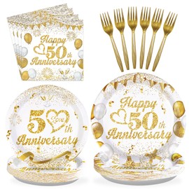 96pcs 50th Wedding Anniversary Decorations,Golden 50th Anniversary Party Plates and napkins,White and Gold Paper Tableware set Party Supplies 50th Anniversary Party Favors for Men Women,Serve 24