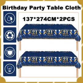 2Pcs Navy Blue Happy 21st Birthday Party TableCloth,137*274cm Plastic Blue and Gold 21st Table Cloth for Man Men Him Birthday Table Decorations Disposable Party Tablecovers for Adults Birthday Party