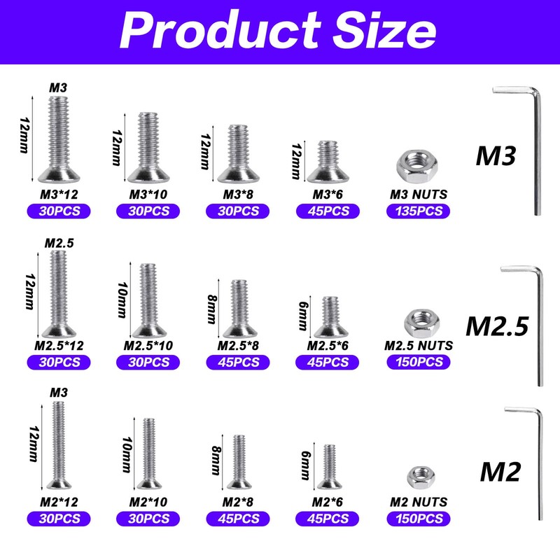 M2 M2.5 M3 Screws Set, 874 Pcs Flat Hex Socket