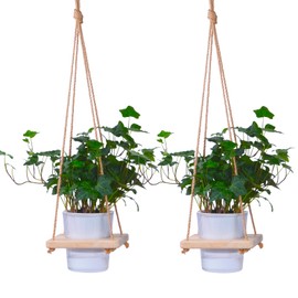 2 Pack Adjustable Hanging Plant Hanger, Hanging Planter Shelves for Indoor Plants, Hanging Flower Pots Holder, Wood Wall Hanging Planter Hanger for Window Ceiling Porch Deck Patio(Pots not Includ)