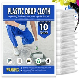 10Pcs 9x12 Ft Extra Large Plastic Drop Cloths, Waterproof & Dust-Proof Tarp for Painting, Disposable Sheeting for Furniture, Floor, and Couch Protection - Durable Painter’s Cover