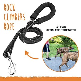 Mighty Paw- Correa doble para perro | Correa doble para dos mascotas con agarre cómodo y Cuerda de Escalada resistente a la intemperie. Gancho giratorio de 360° sin enredos. Separador ajustable para razas pequeñas, medianas y grandes (negro)